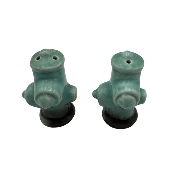 Fire Hydrant Shaped Ceramic Salt & Pepper Shakers Handcrafted Blue & Black - Picture 1 of 6
